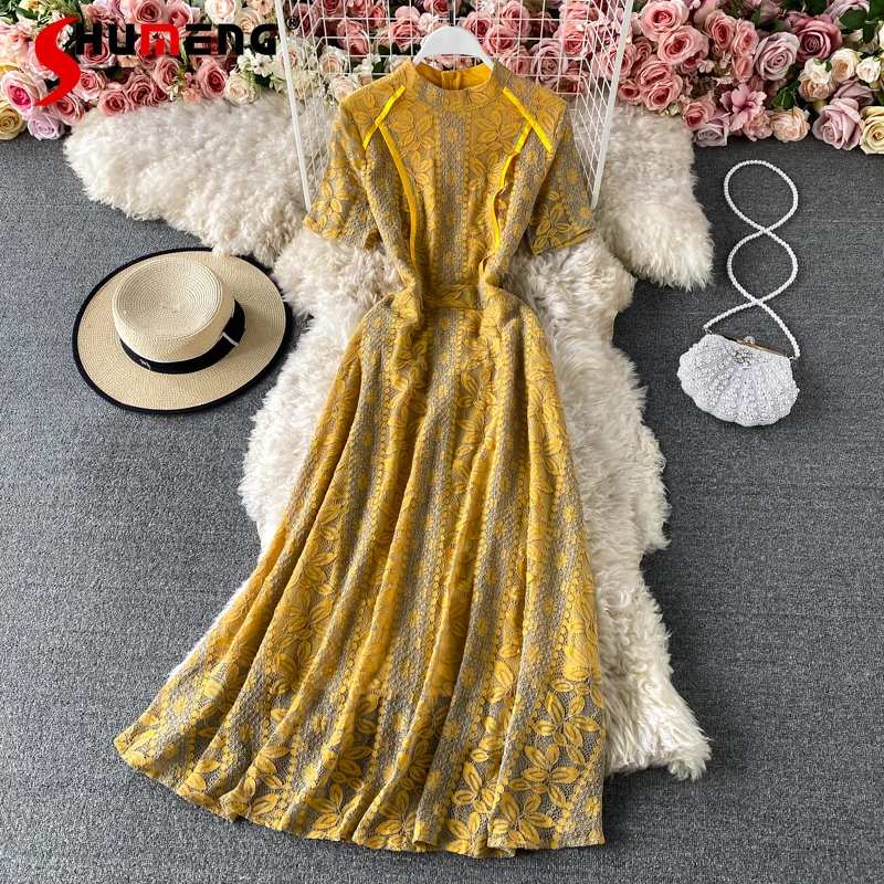 

2021 Summer New Wide Hem Lace Dress Stitching Temperament Slim High Waist Midi Dress