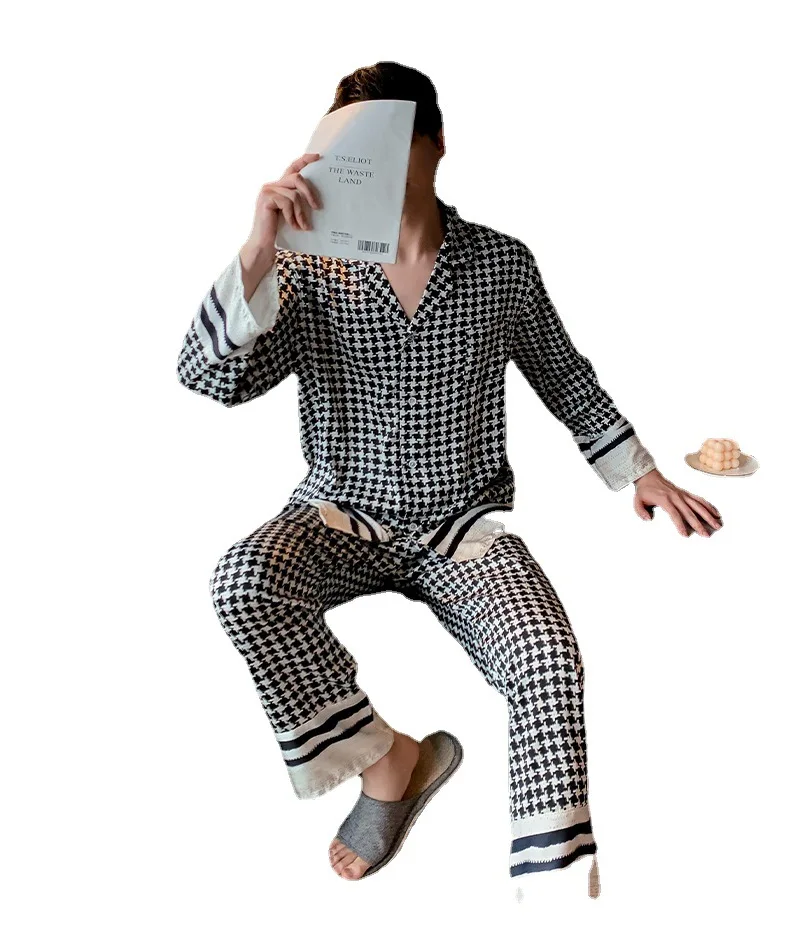 

Spring Silk Like Houndstooth Women's Pajamas Set Fashion Style Female Couple Sleepwear Home Clothes for Men Nightwear Set 2021