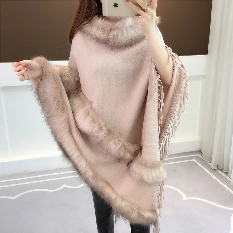 New Autumn and Winter Knitted Fur Trim Shawl Women's Loose Pullover Korean-Style Fashion Cloak Ethnic Sweater Coat Poncho