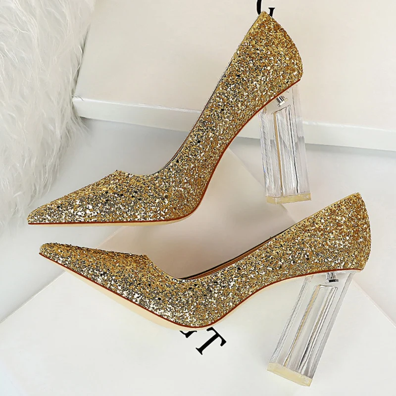 

Women 10cm High Heels Glitter Scarpins Gold Sequins Block Clear Heels Pumps Lady Wedding Bridal Transparent Chunky White Shoes