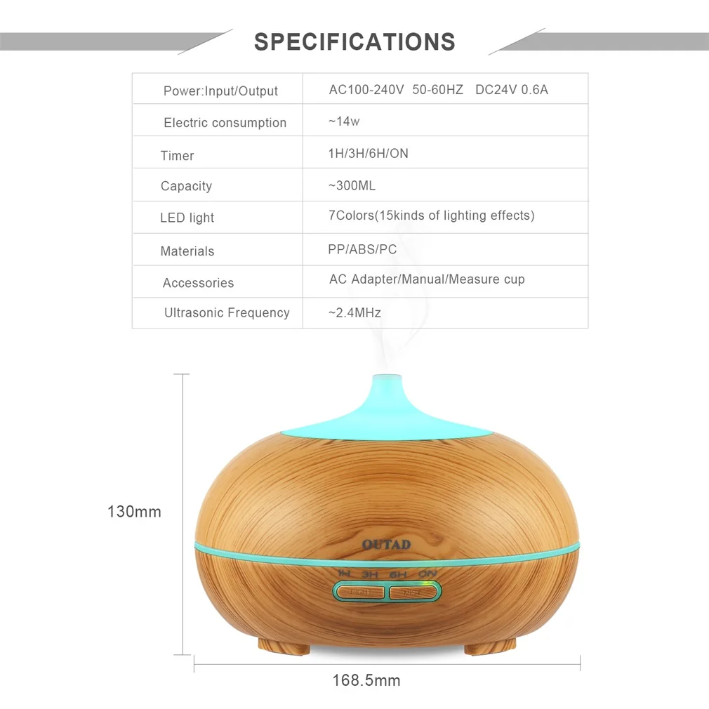 

OUTAD Colorful LED Wood Ultrasonic Aromatherapy Machine Ultrasonic Aroma Diffuser Humidifier Aroma Therapy Dome Cover 300ml