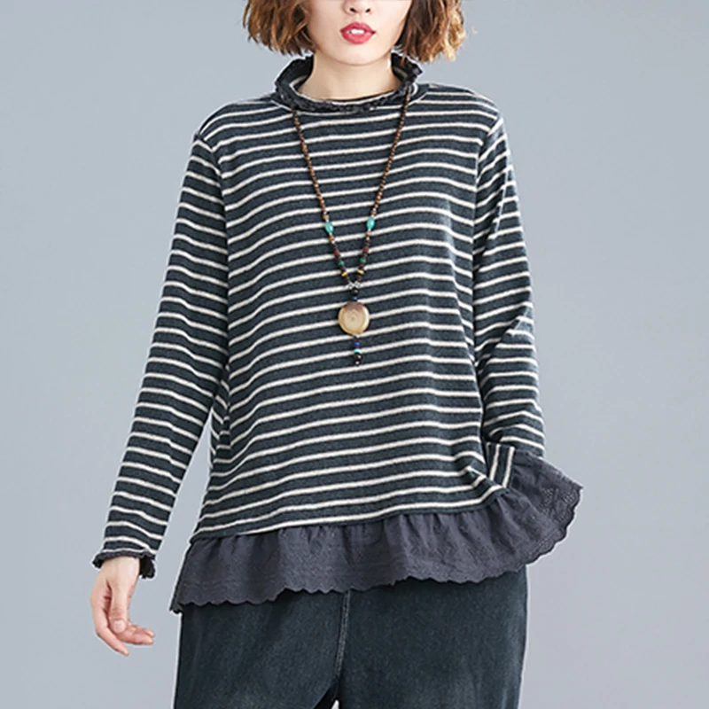 

Spring Autumn Women Clothing Long-Sleeved New Brand Elegant Cotton Stripe Lace Leisure Loose Bbottoming T-Shirt Female Tops Tees