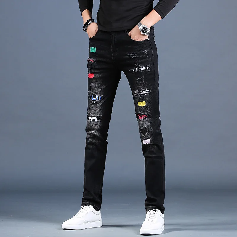 

2022 Wholesale Fashion Teenagers Ripped Embroidered Jeans Men's Autumn Winter Street Feet Pants Casual Black Long Pencil Pants