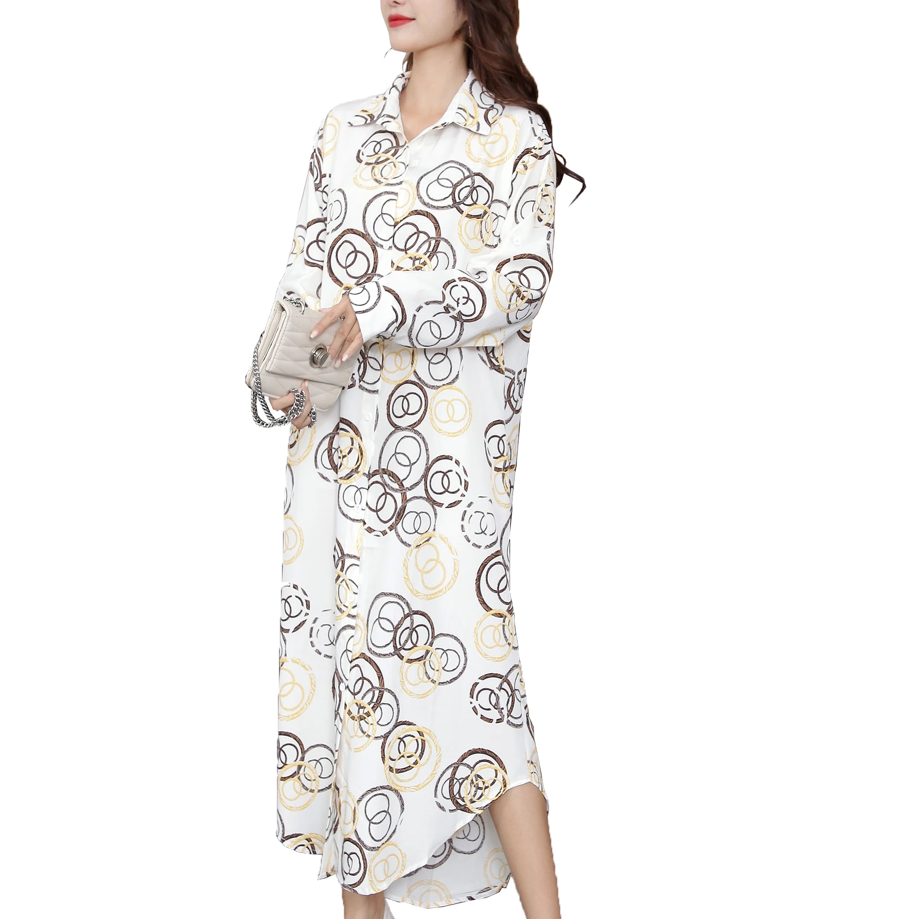 

YOMING Ready Stock Ladies all-match Floral Printed Chiffon Shirt Long sleeve Dress