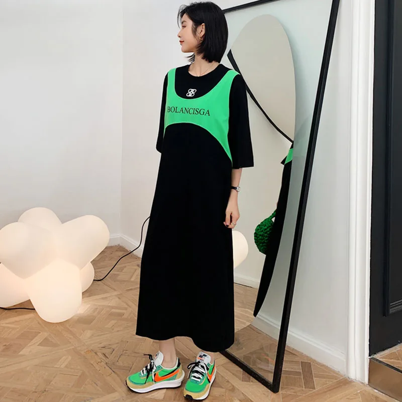 

NYFS Summer dress 2021 New Style Loose Vintage long dress Vestidos Robe Elbise Fashion Short sleeve Letter Printing Woman dress