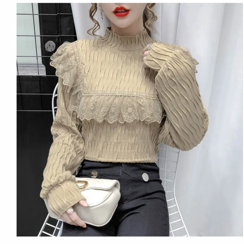 

2021 New Women Fashion Autumn Long Sleeve Ruffle Lace Patchwork Blouse Slim Female Women Long Sleeve Shirt Pullover Top Y259