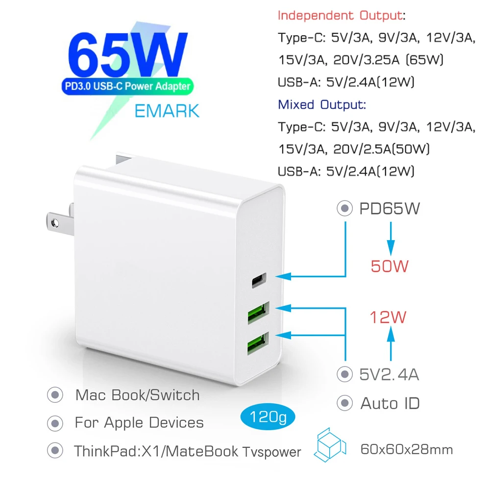 Адаптер питания 65 Вт с 1 портом PD60W QC3.0 зарядное устройство для ноутбуков MacBook Pro Air
