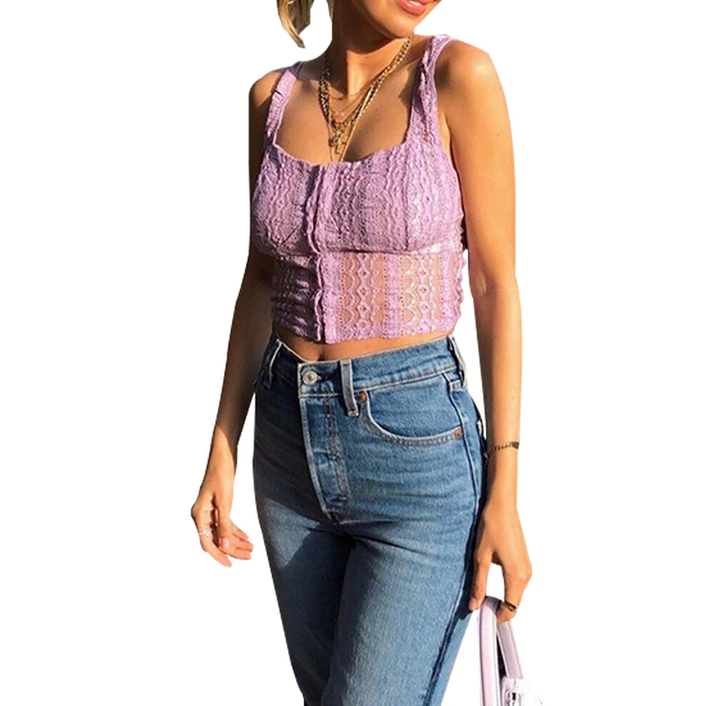 

Summer Spring Sexy Women See Through Crop Tops Sleeveless Straps Fitted Slim Camis Tank Top