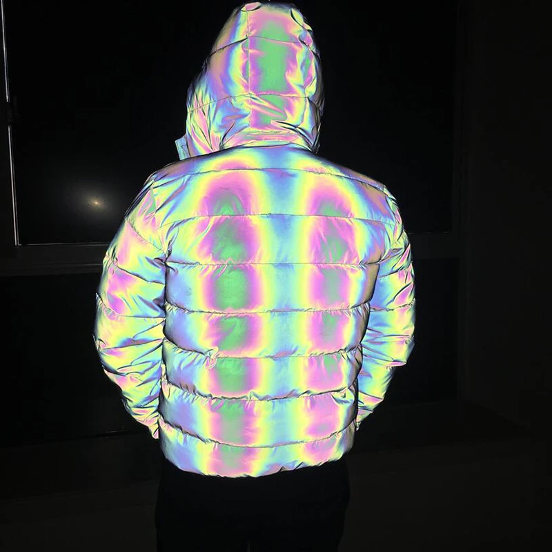2021 Harajuku Down Jackets Men Rainbow Reflective Padded Zipper Coat Streetwear Hip Hop Fashion Winter Outwear Windbreaker Tops