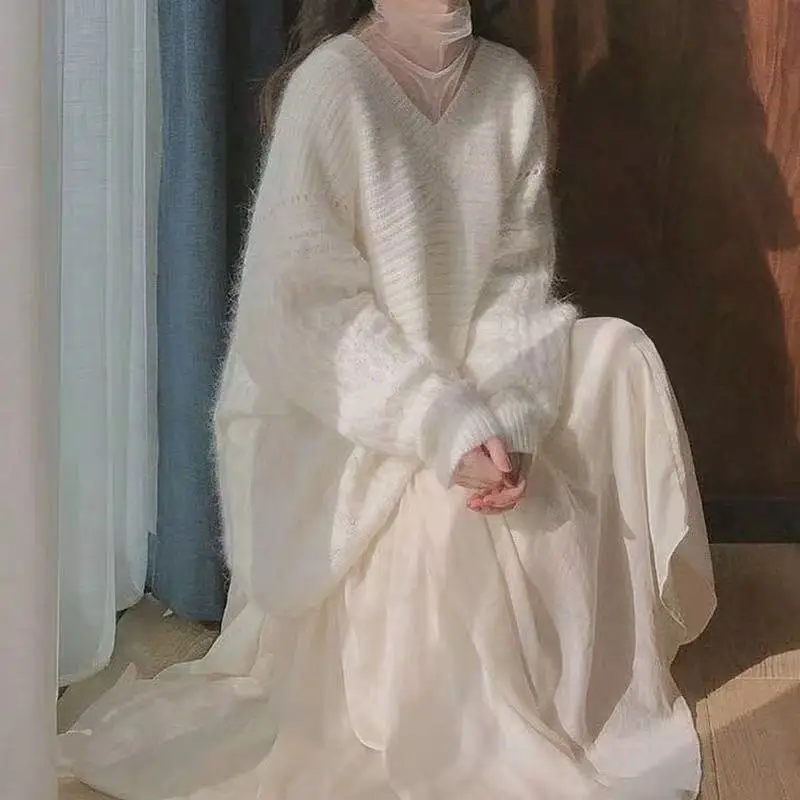 Комплект из 2 предметов Женский вязаный пуловер оверсайз и платье сетчатой пряжи