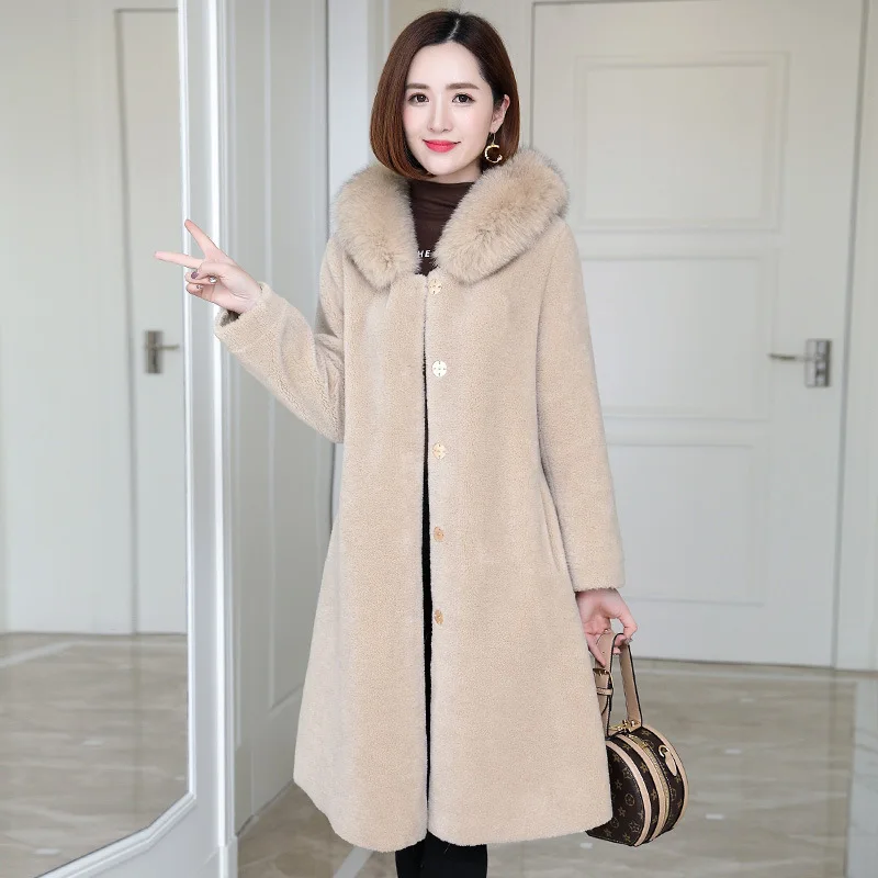 

Women Granule Sheep Sheared Fur Coat Jacket Fox Imitating Fur Hooded One-piece Faux Fur Coat Fashion Long Over-Knee Trench Coat