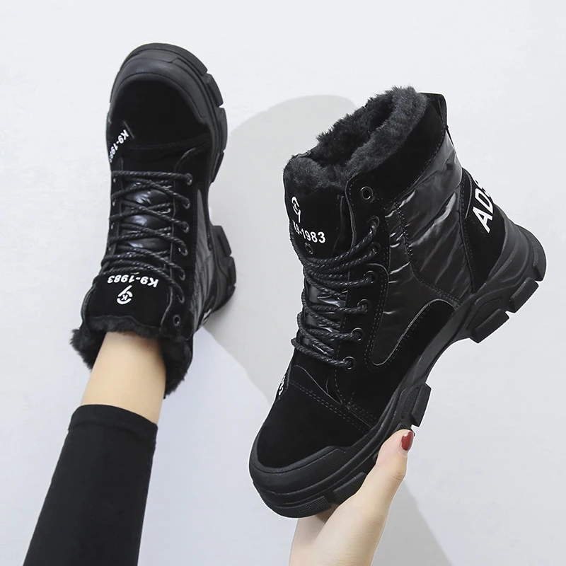 Нескользящие зимние теплые плюшевые ботильоны меховые кроссовки женские