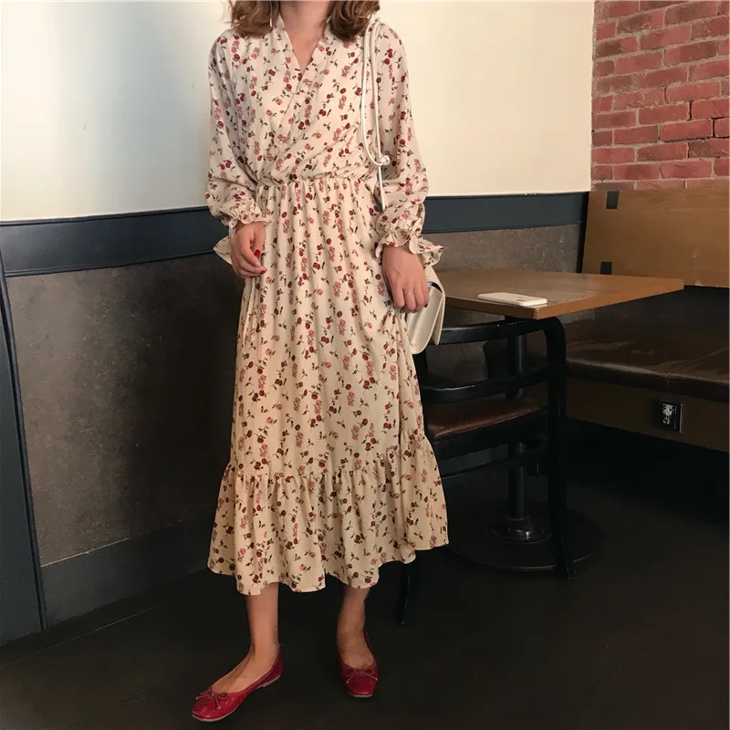 Женское шифоновое платье с длинным рукавом винтажное цветочным принтом модель m98