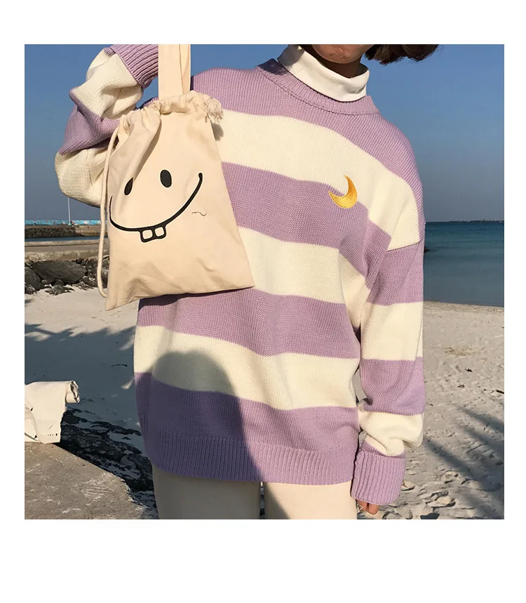 Женские свитера Kawaii Ulzzang в студенческом стиле, популярная цветная полоска, свитер с Луной, Женская Корейская одежда Harajuku, плотная повседневная одежда