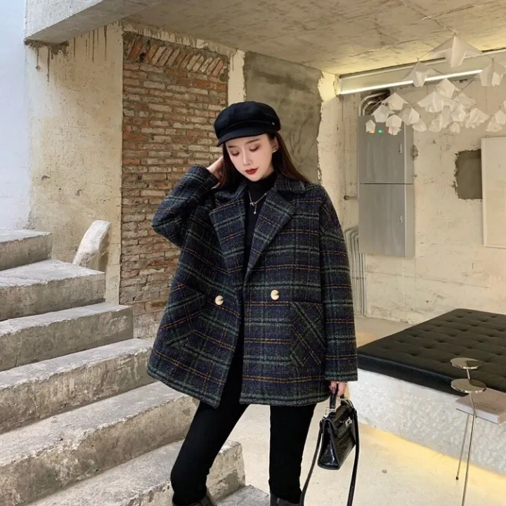 

abrigos mujer invierno 2021 winter coat women vintage lattice manteau femme French slim jas dames wool autumn cappotto donna