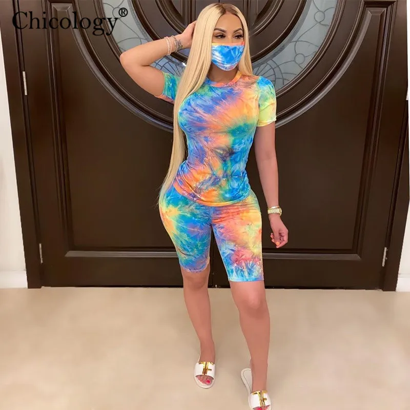 Chicology tie dye print neon sportswear 2 two piece matching set women 2020 summer top high waist shorts sexy clothes streetwear |