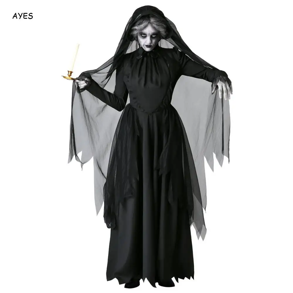 

Scary Costumes Women Vampire Dress Cosplay Gothic Long Sleeve Mesh Dress With Head Veil Personality Dark Gothic Dresess Cool