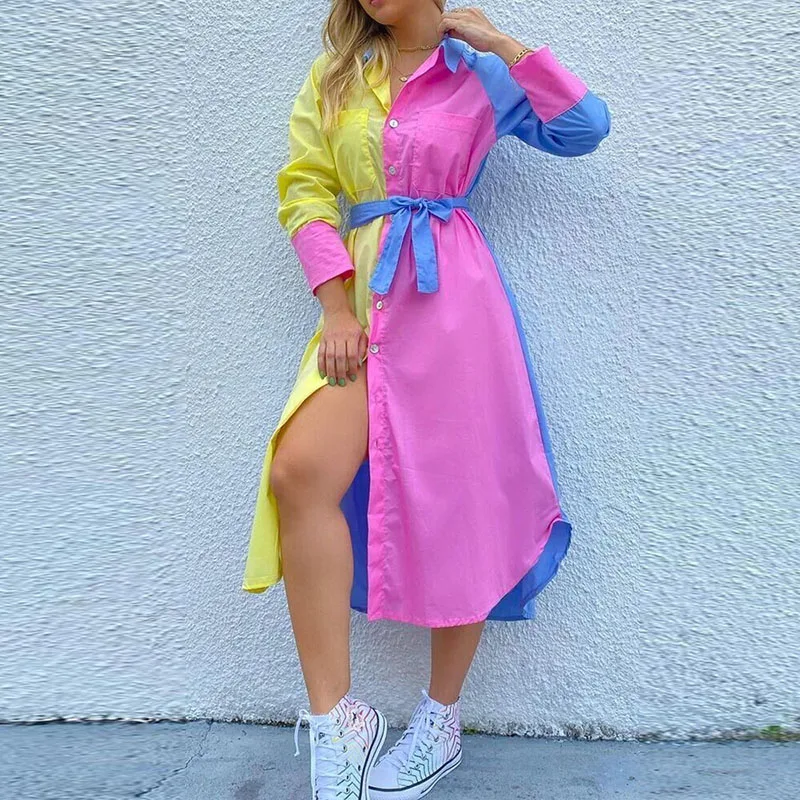 

Женская рубашка с длинными рукавами, с поясом, однобортное пальто на пуговицах с разрезом цветные детские носки в стиле пэчворк; Сезон весна...