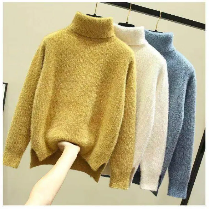 

Mink like fall / winter loose 2020 new high collar fashion solid color sweater female Pullover Sweater female