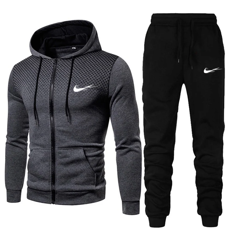 

Winter Hot Sale Men's Clothing Men Sets Printing Hoodie Set Fleece Zipper Hooded Sweatshirt + trousers Casual Mens Tracksuit