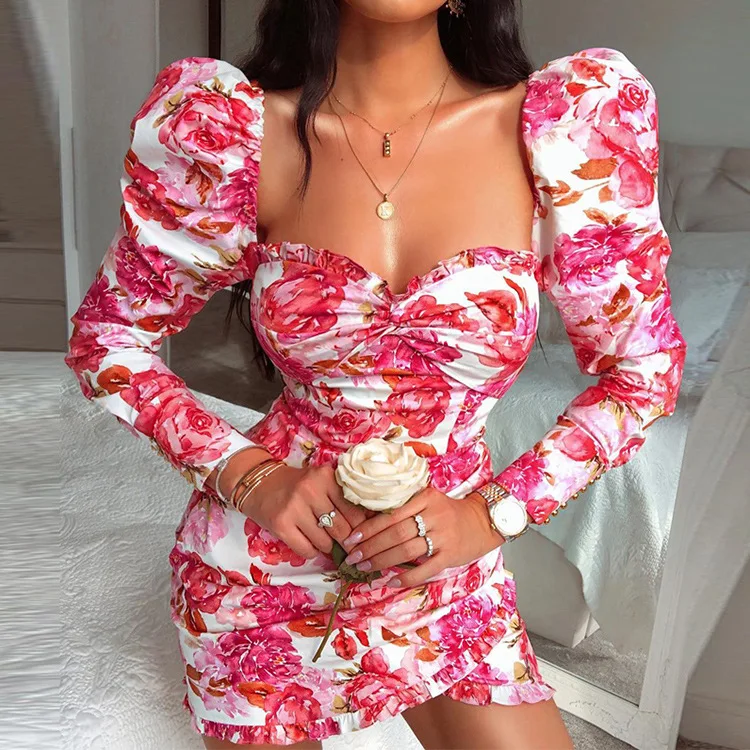 

wsevypo Elegant Rose Flowers Mini Bodycon Dress Party Office Vestidos Women's Puff Sleeve Square Collar Mini Ruffles Wrap Dress