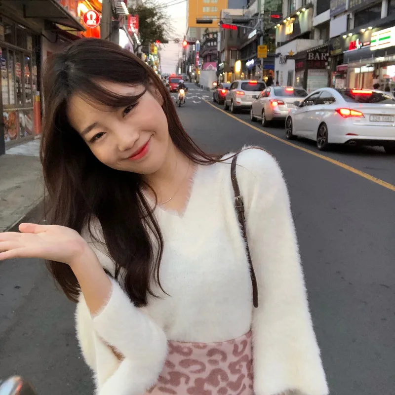 Осень корейский ins Harajuku сладкий винтажный сплошной цвет вязаный свитер женский модный Свободный v-образный вырез с длинными рукавами женский свитер