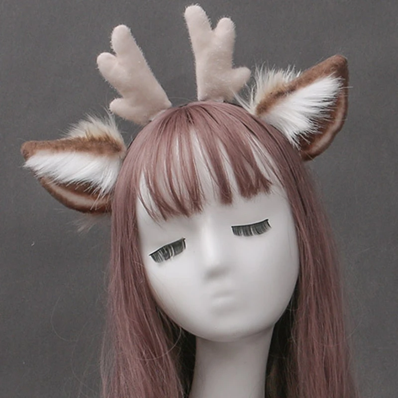 

Faux Fur Ears Plush Antler Headband Lovely Reindeer Animal Hair Hoop Holiday Party Supplies Christmas Halloween Cosplay
