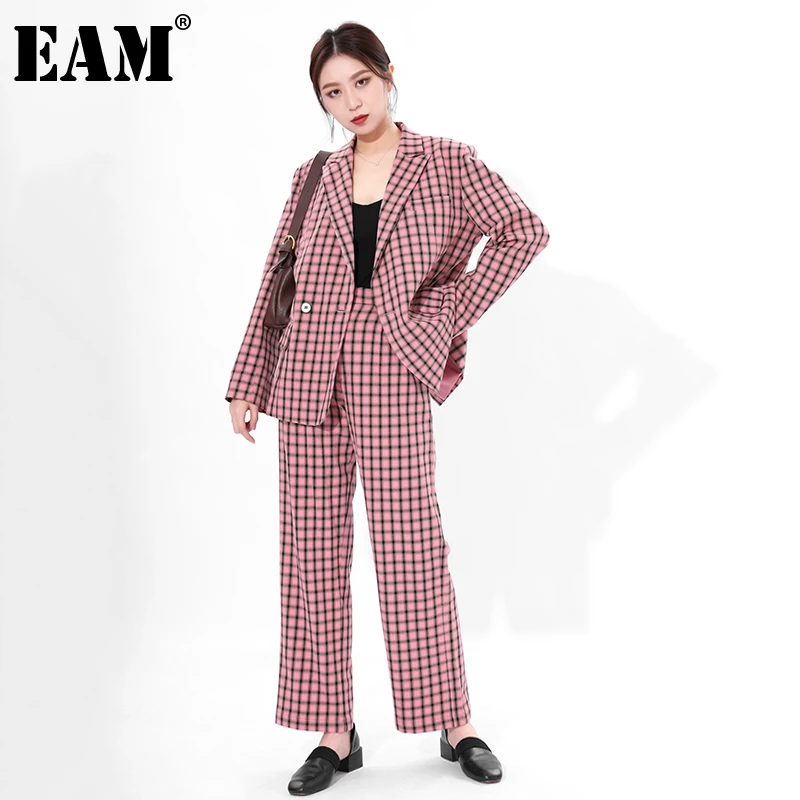 

[EAM] Wide Leg Pants Pink Plaid Big Size Two Piece Suit New Round Neck Long Sleeve Women Fashion Spring Autumn 2021 1DE013911
