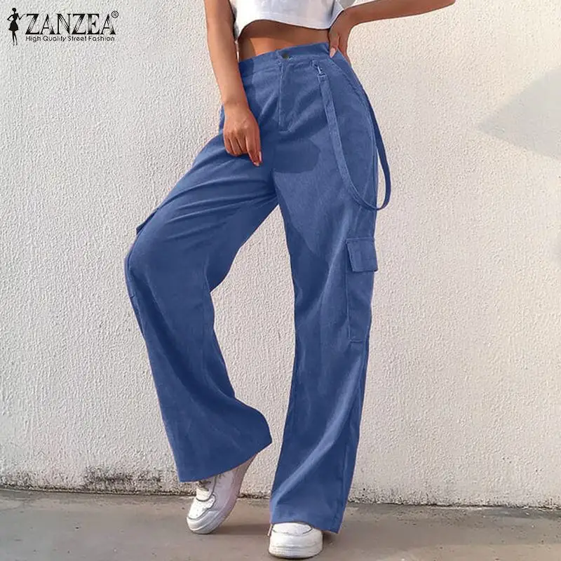 

Женские осенние брюки ZANZEA Y2K, длинные вельветовые брюки, модные свободные брюки большого размера с высокой талией, однотонные тактические б...