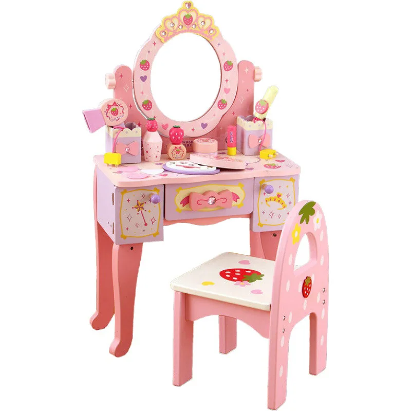 Wooden Dresser Table with Chair Set for Girls, Pink Bedroom Makeup Table and Toys for Kids image 3