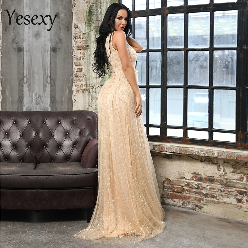 Yesexy Сексуальное Женское блестящее платье с глубоким v-образным вырезом и открытыми плечами, женские макси Вечерние платья Vestdios VR18455