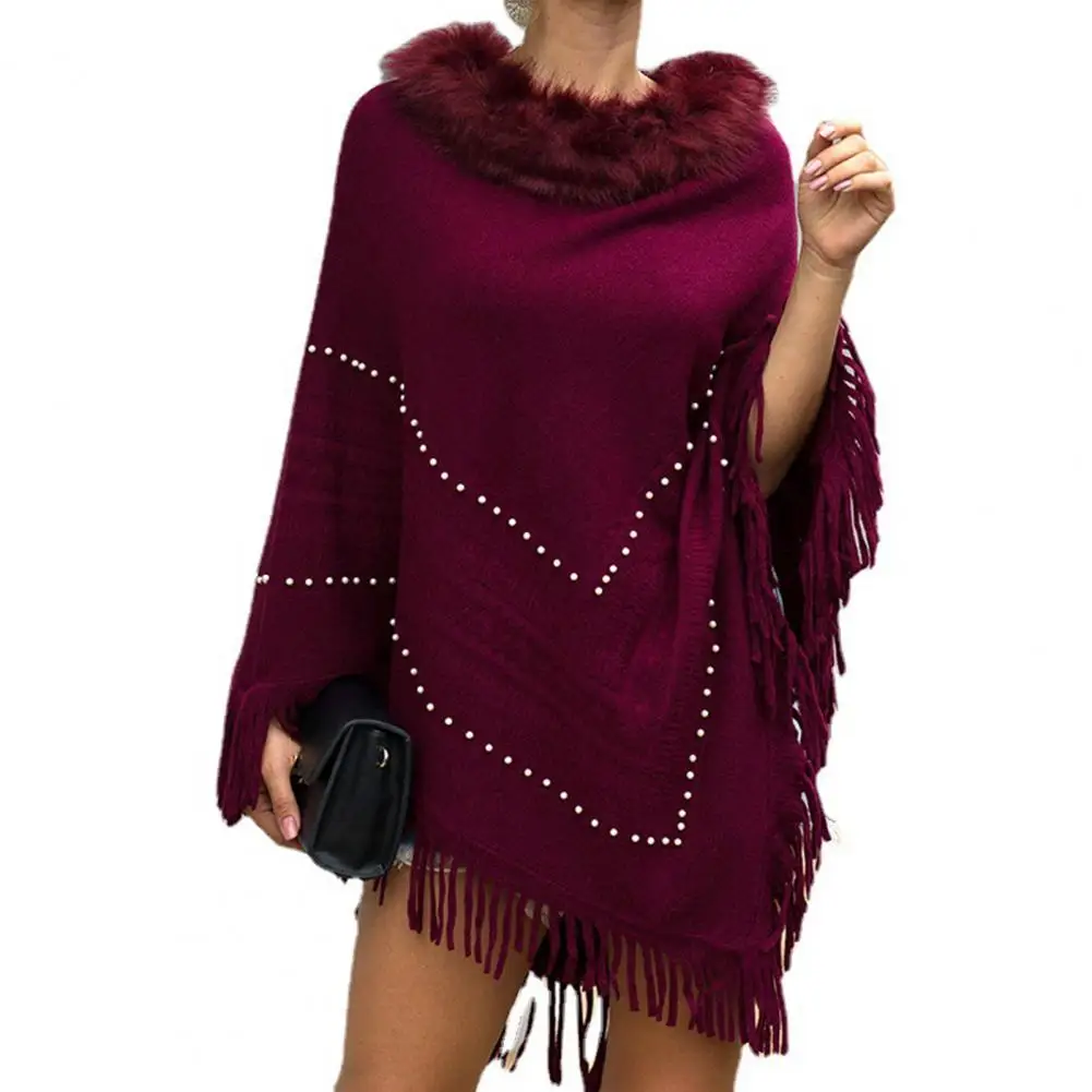 

Women Cape Coat Knitted Tassel Thick Plush Collar Cloak Coat Sweater Ponchos Autumn Winter