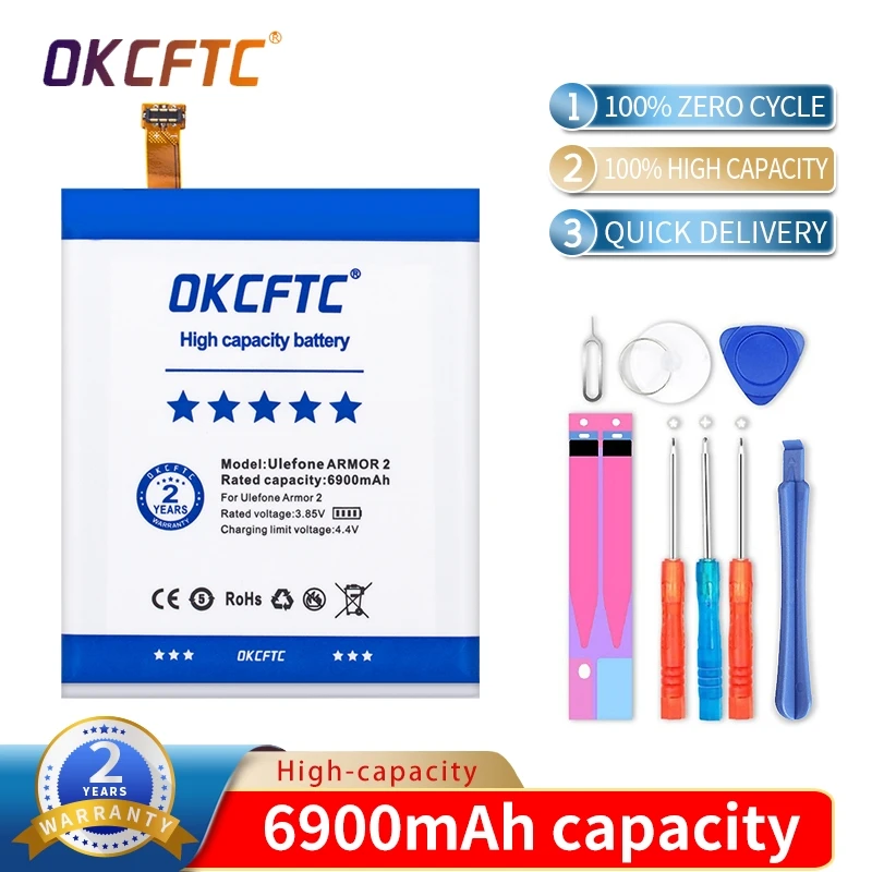 

OKCFTC Armor 2 6900mAh Battery For Ulefone Armor 2 Mobile Phone Battery Free tools Stand Holder Rechargeable battery