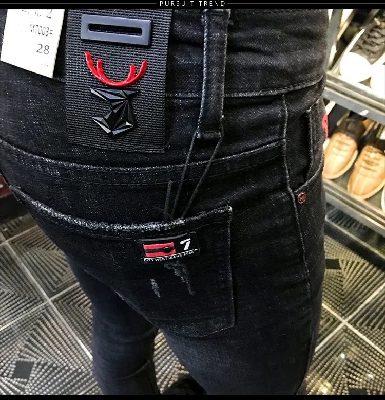 NEW spring autumn skinny strech Casual ripped hole fashion black teenagers hip hop cowboy denim leg jeans men pencil pants
