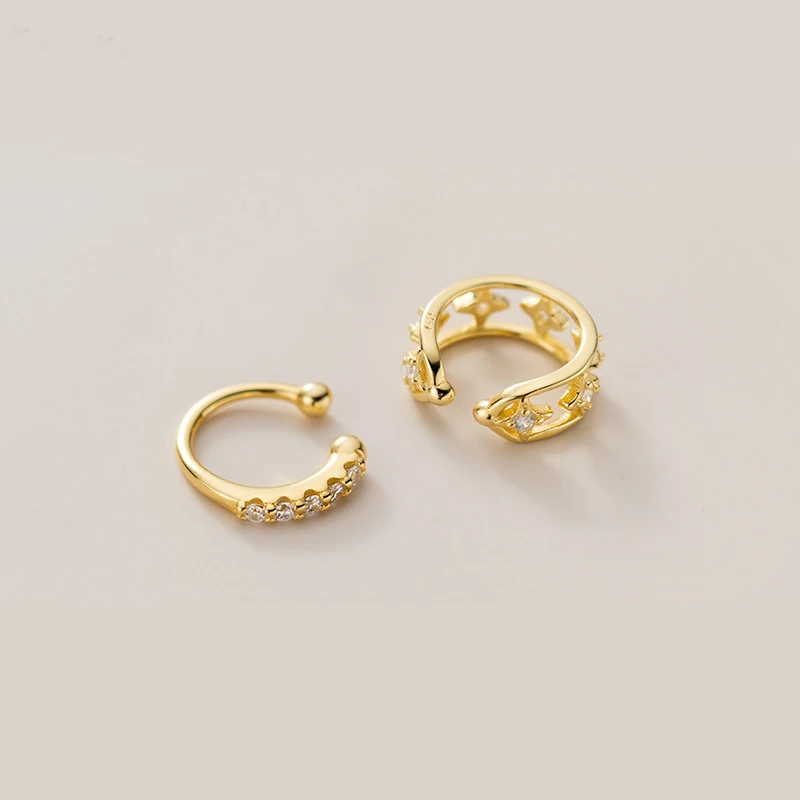 

100% Real 925 Sterling Silver Gold Tone Ear Cuff Wrap Earrings Asymmetric Zircon and Hollow Non-pierced Cartilage Earrings