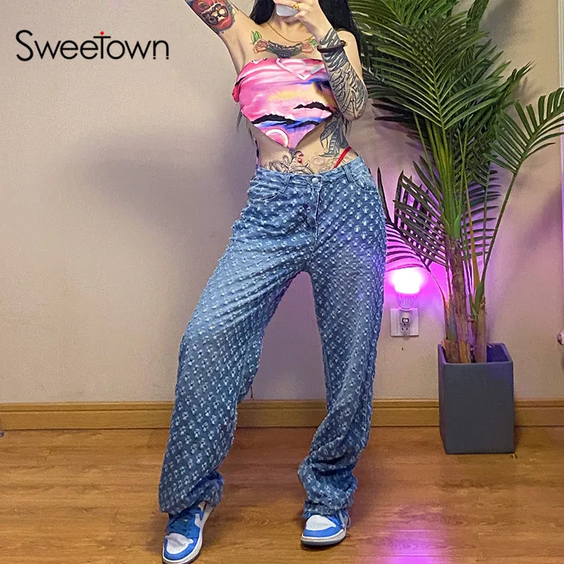 

Sweetown Blue Holes Baggy Wide Leg Mom Jeans Women Streetwear Korean Fashion Low Waist Vintage Denim Trousers 90s Sweat Pants