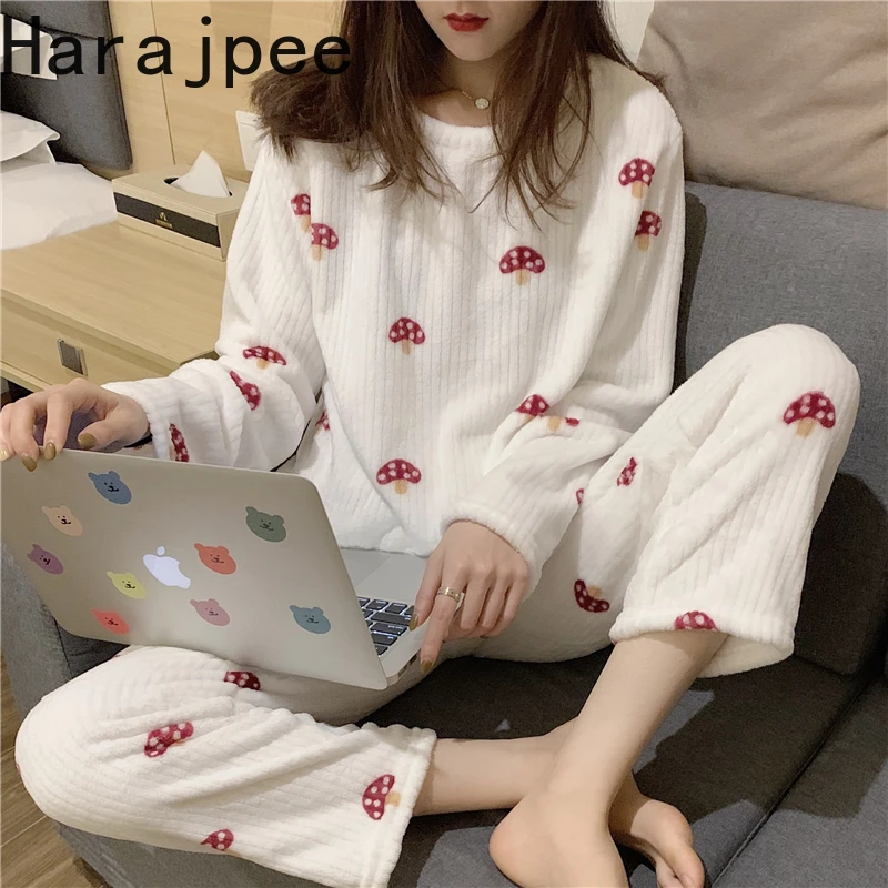 

Женские пижамы в стиле харадзпи, весна-осень 2021, японский милый темпераментный костюм с принтом в виде грибов, кораллового флиса, домашняя о...