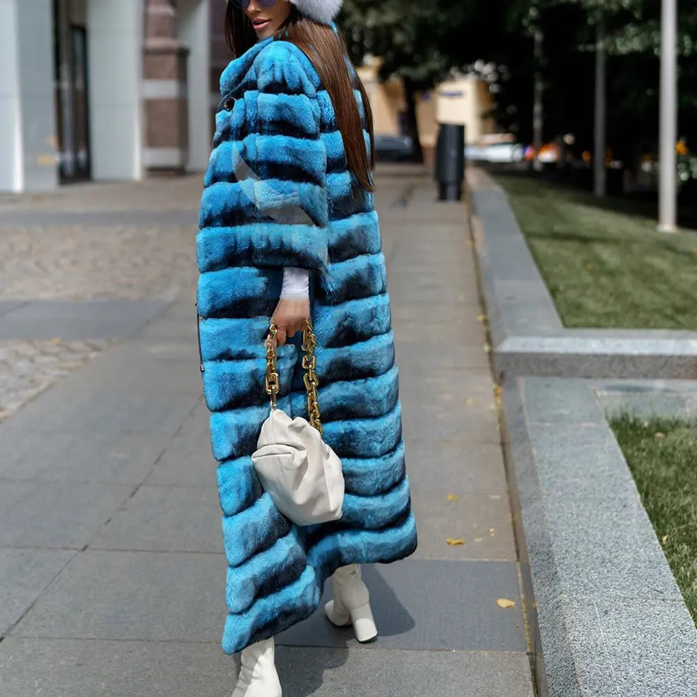 Fashion Blue 120cm Long Real Rex Rabbit Fur Coat with Turn-down Collar Winter Women Thick Natural Rex Rabbit Fur Coats Outwear