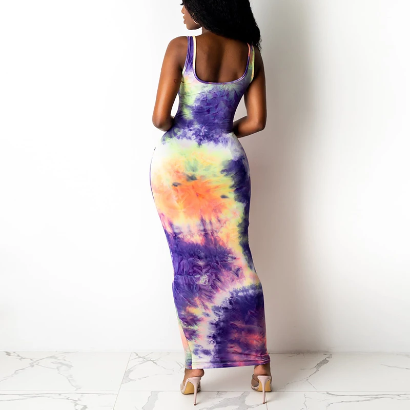 

Women fashion new Sleeveless Tie Dye Printed Belt U Neck Bodycon Sexy Maxi Tank Dress Summer Dress Long
