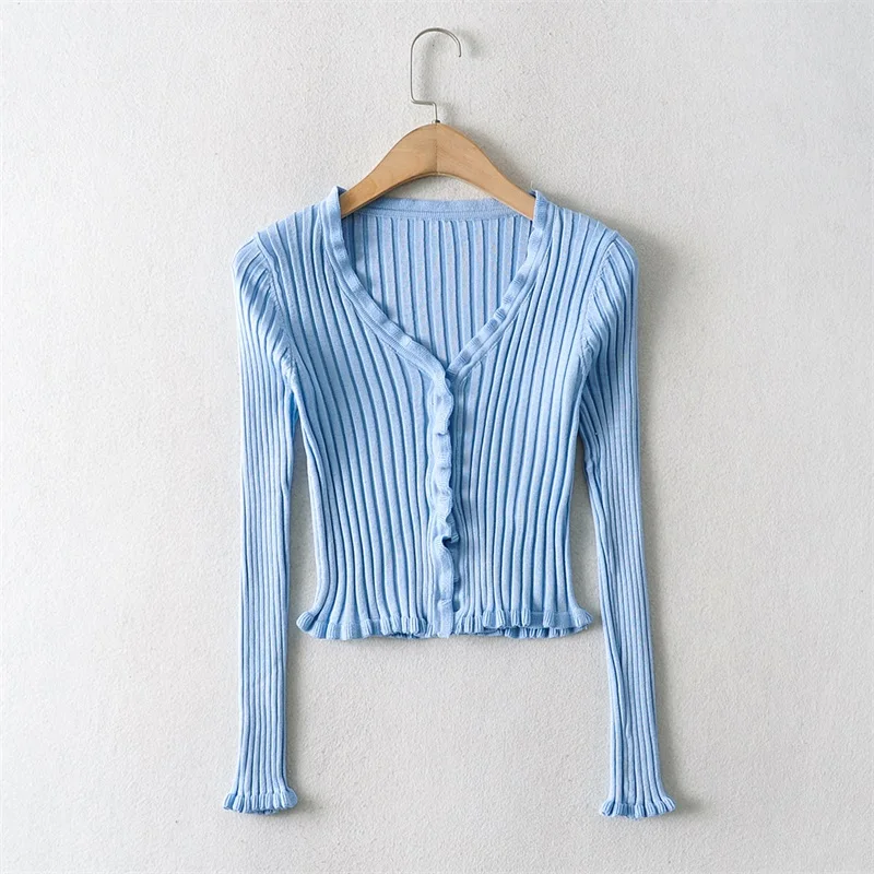 

Women's Sexy Wooden Ear Pit Strip Knitted Cardigan Tight-fitting Short Top Button-decorated Ribbed Cardigan V-neck Ribbed Top