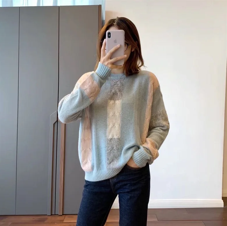 

Cashmere Women Sweater Ice Cream Color Block Sequined Long Sleeve Knitted Sweater