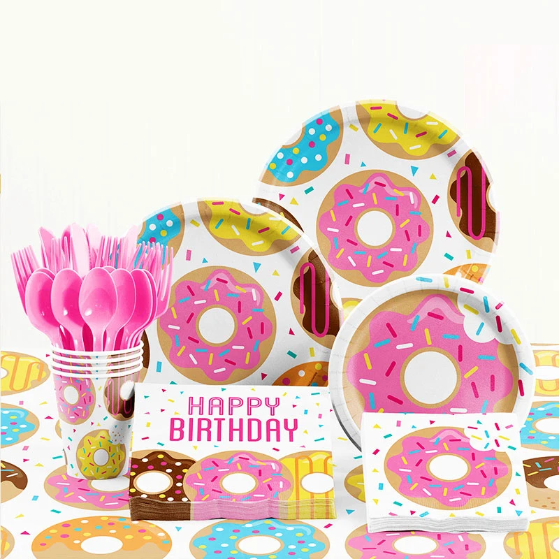 

61pcs/lot Donut Theme Party Napkin Paper Plate Cup For Baby Baptism Birthday Decoration Anniversaire Fille Supplies