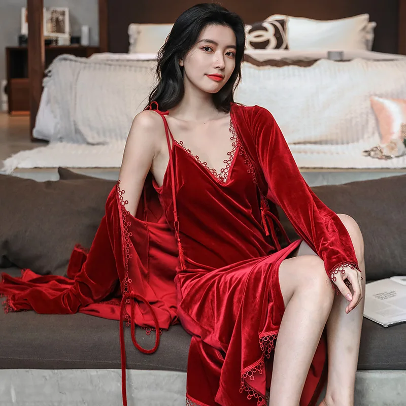 

2 Pieces Women Sleepwear Sexy Velour Robe Set Kimono Bathrobe Gown Loose Lounge Wear Soft Velvet Nightwear Intimate Lingerie