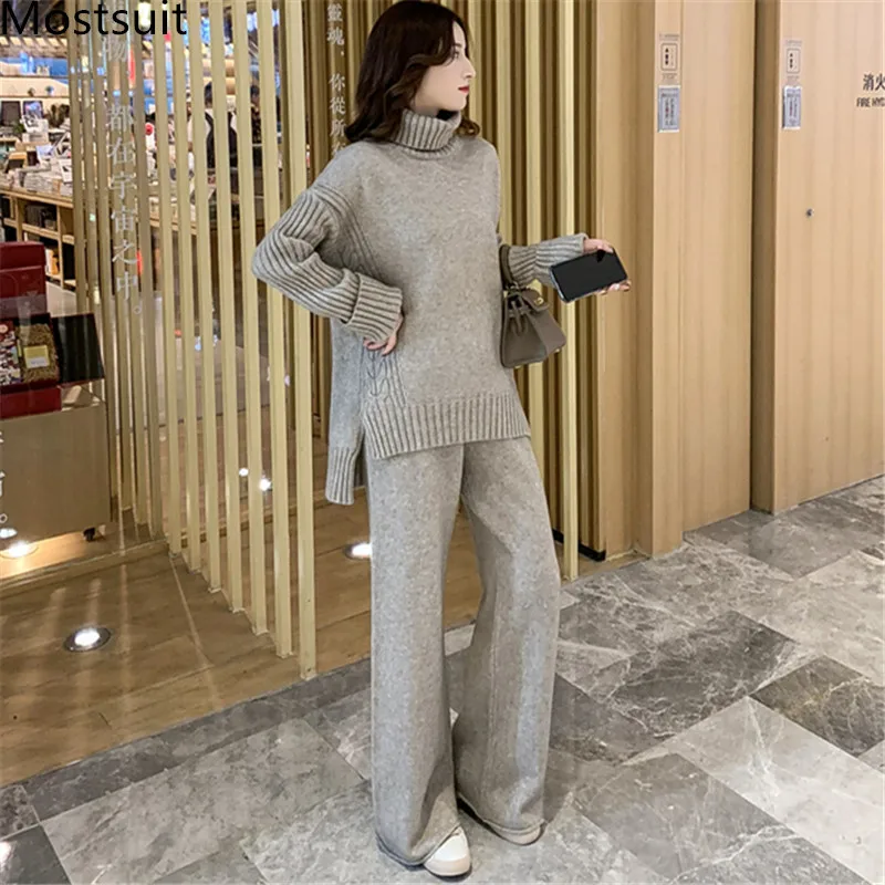 

Женский трикотажный комплект из 2 предметов, повседневный утепленный комплект из свитера с высоким воротником и широких брюк в Корейском ст...