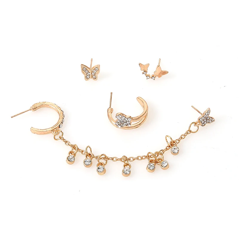 

4pcs/set Korean Elegant Cute Rhinestone Butterfly Stud Earrings For Women Girls Fashion Metal Chain Jewelry