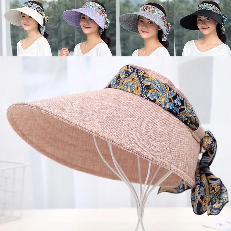 

Women Floral Print Summer Sun Hats Empty Top Cap UV Protection Visors Casual Outdoor Sports Breathable Hat Fashion Beach Cap