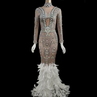 sparkly silver crystals white feather tail dress lady evening prom celebrity party diamonds long dresses women stage costume