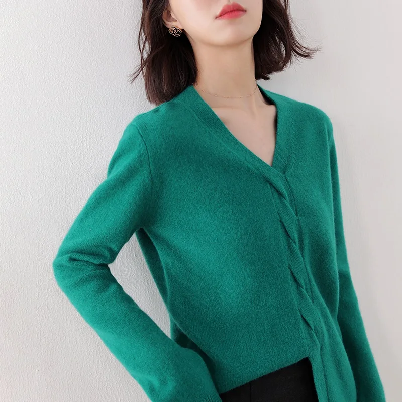 

Женский кашемировый свитер, однотонный теплый облегающий свитер из 2020 шерсти с V-образным вырезом, Осень-Зима 100%