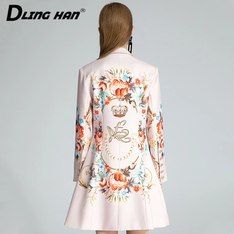 

DLINGHAN Fashion Floral Print Long coat Women's Turn-down Collar Double Breasted Long sleeve Outwear Designer Autumn Winter New