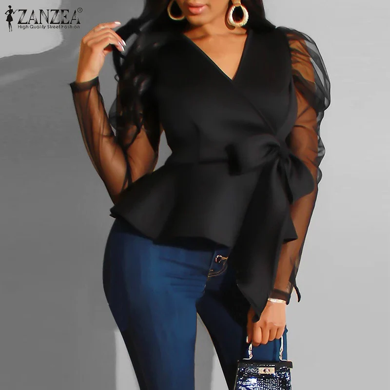 

ZANZEA 2021 Shirt Casual Summer Women Vintage Lace Up Sexy V Neck Tops Blusa Elegant Mesh Blouse Long Puff Sleeve Office Chemise